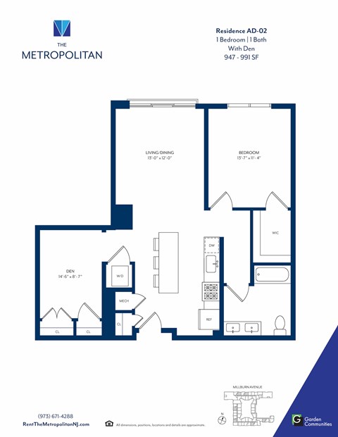 Floor plan for 1 bed, 1 bath, 959 sqft